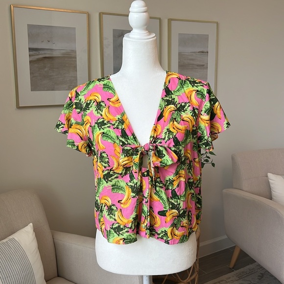 BuddyLove Banana Havana Tie Front V-Neck Flutter Sleeve Button Up Top Small - Picture 1 of 17